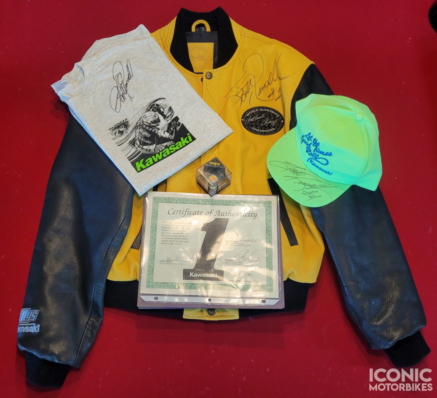 Signed "Mr. Daytona" Scott Russell AMA Victory Jacket #3 of 400, Hat, T-Shirt, and Mini Helmet