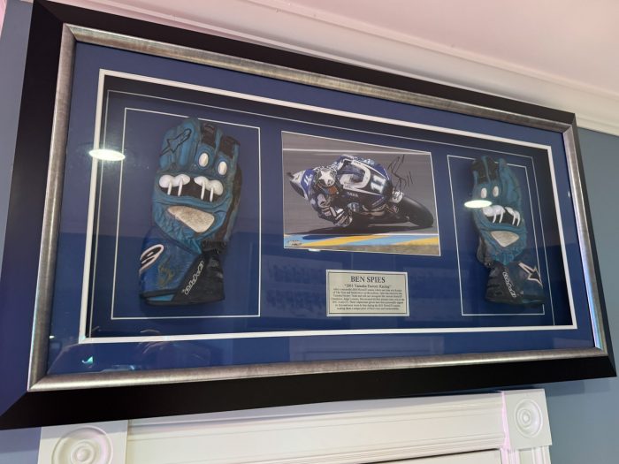 Ben Spies - Framed Autographed Race Gloves - 2011 Yamaha Factory Racing